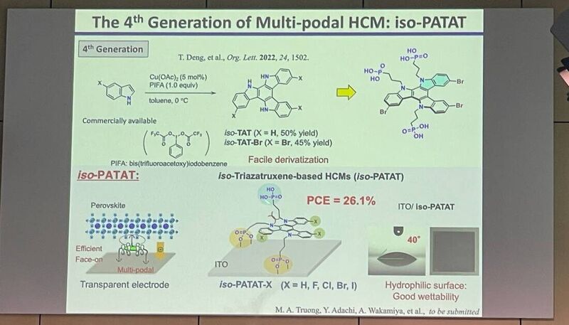 Slide "The 4th Generation of Multi-podal HCM: iso-PATAT": iso-triazatruxene hole-contact materials (iso-PATAT-X) for tra
